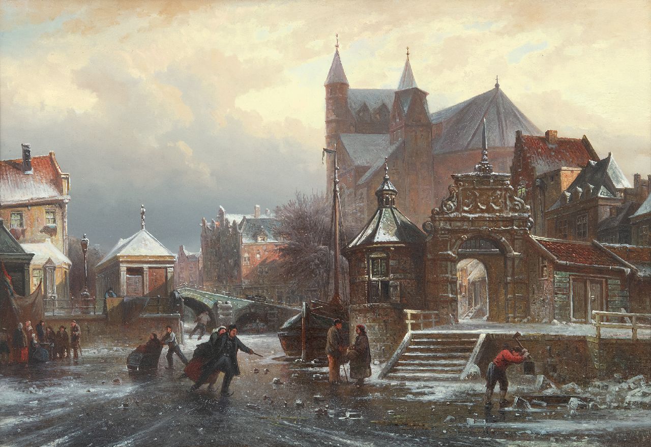 Bommel E.P. van | Elias Pieter van Bommel | Paintings offered for sale | Skating fun on a frozen canal in a town, oil on panel 36.7 x 54.4 cm, signed l.r. and dated '72