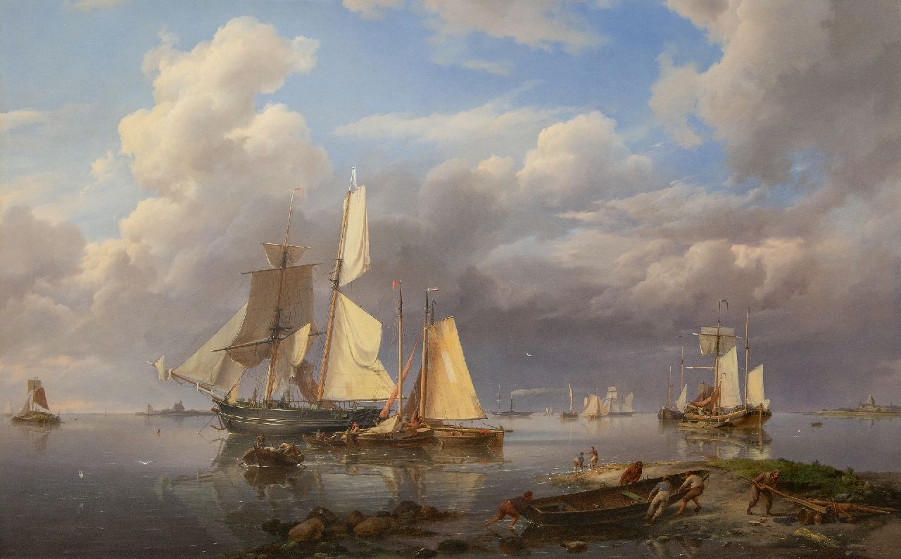 Koekkoek H.  | Hermanus Koekkoek | Paintings offered for sale | Ships anchored off the coast in calm weather, oil on canvas 102.5 x 160.0 cm, signed l.r. and dated 1841