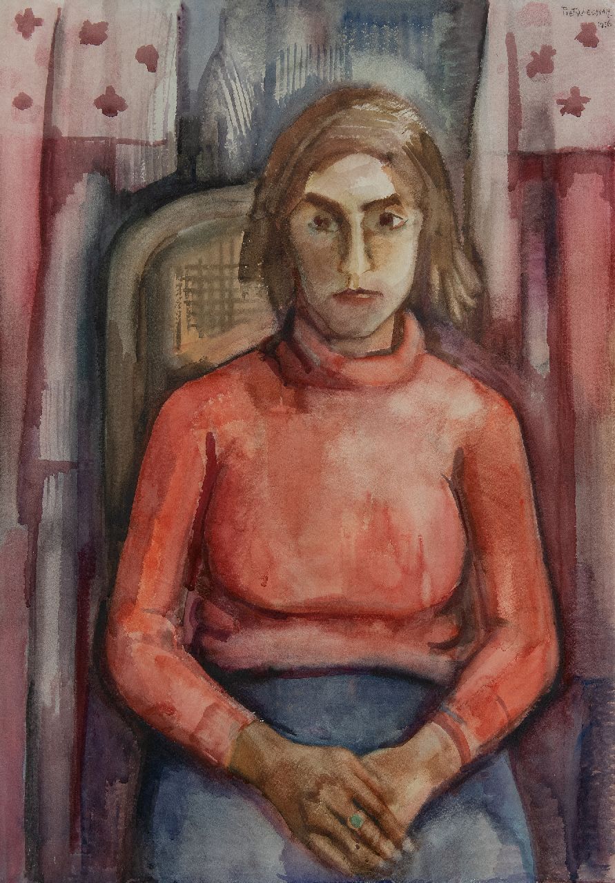 Wiegman P.C.C.  | Petrus Cornelus Constant 'Piet' Wiegman | Watercolours and drawings offered for sale | Seated woman in red pullover, watercolour on paper 100.0 x 68.8 cm, signed u.r. and dated 1936