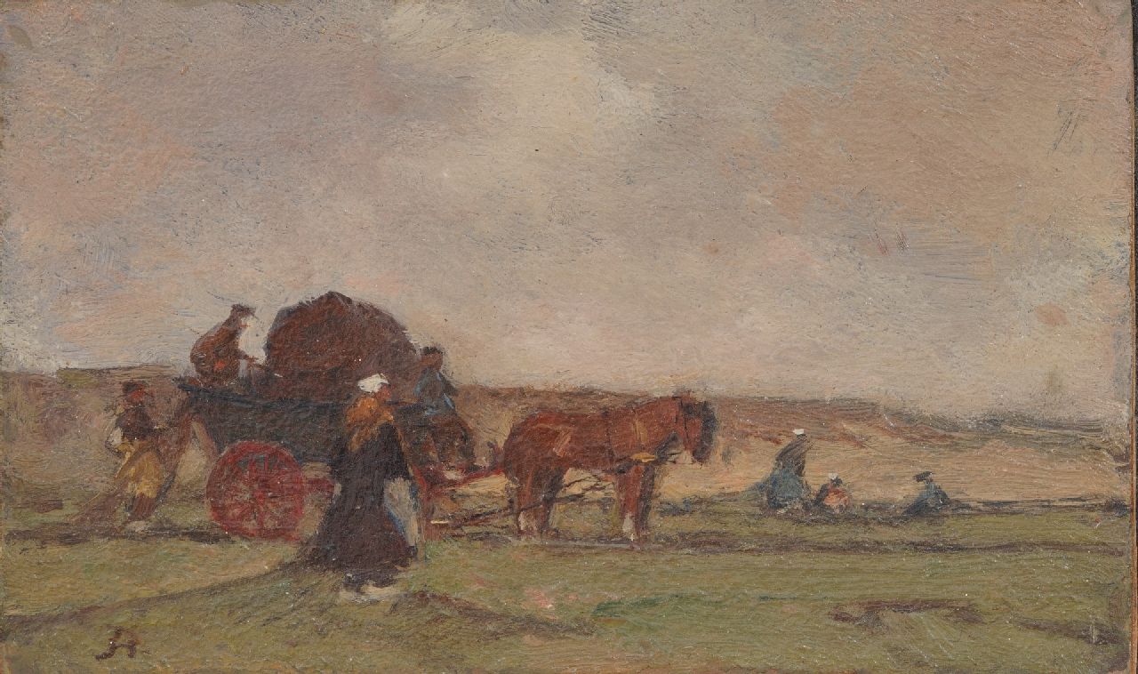 Akkeringa J.E.H.  | 'Johannes Evert' Hendrik Akkeringa | Paintings offered for sale | The repairing of the fishing nets behind the dunes, oil on panel 7.5 x 12.4 cm, signed l.l. with Initial