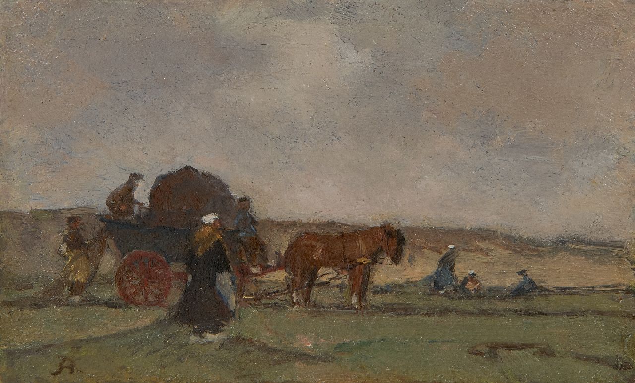 Akkeringa J.E.H.  | 'Johannes Evert' Hendrik Akkeringa | Paintings offered for sale | The repairing of the fishing nets behind the dunes, oil on panel 7.5 x 12.4 cm, signed l.l. with Initial