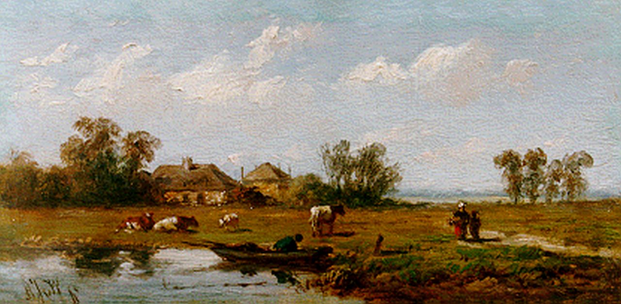 Wijngaerdt A.J. van | Anthonie Jacobus van Wijngaerdt, An extensive landscape with a river, oil on panel 7.8 x 15.0 cm, signed l.l. with initials