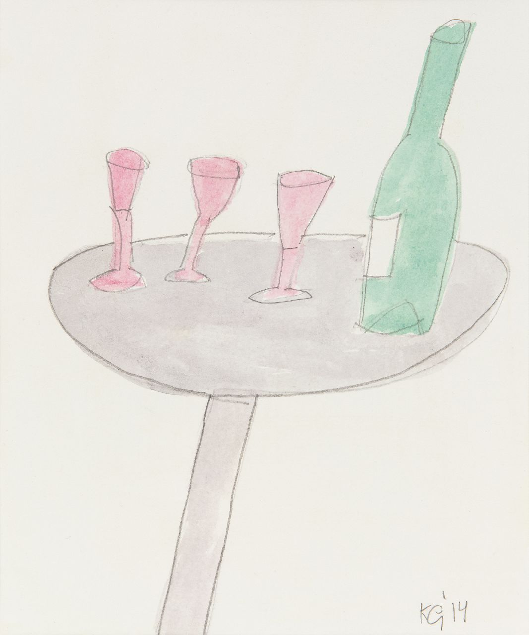 Gubbels K.  | Klaas Gubbels | Watercolours and drawings offered for sale | Glasses and bottle on a table, pencil and watercolour on paper 24.0 x 20.0 cm, signed l.r. and dated 2014