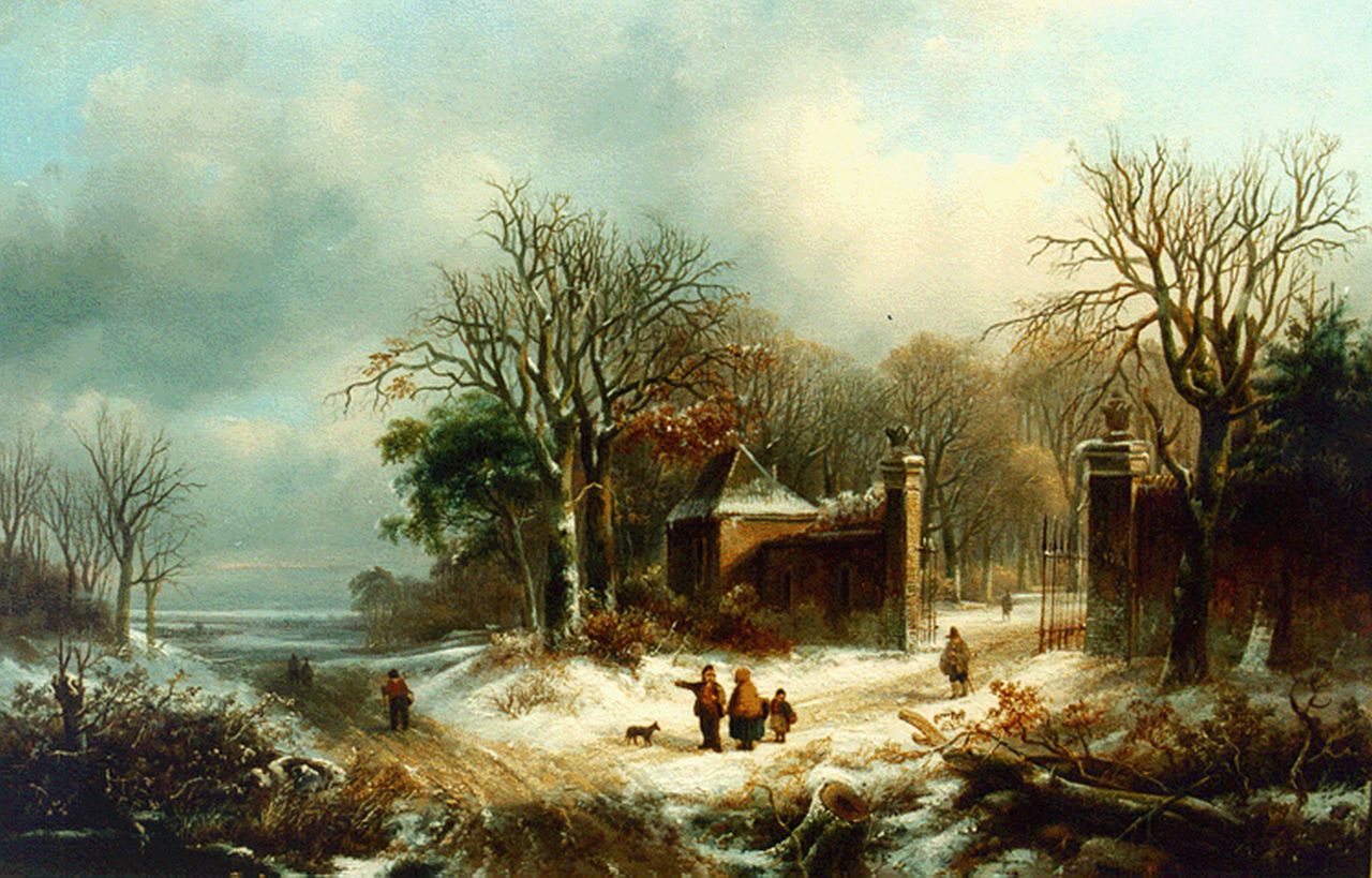 Velzen J.P. van | Johannes Petrus van Velzen, Figures on a country lane in winter, oil on panel 44.5 x 59.5 cm, signed l.l.
