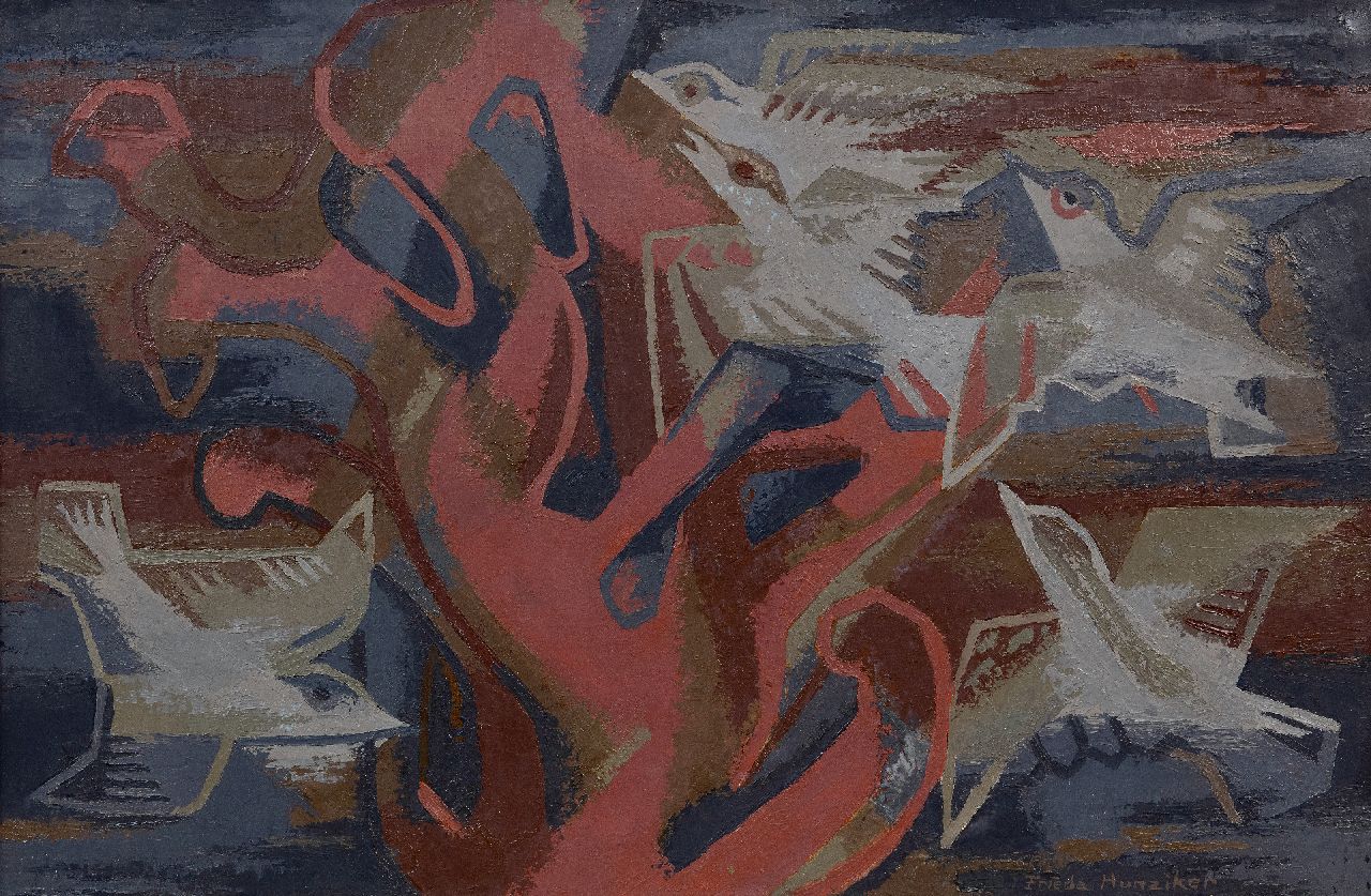 Hunziker F.  | Frieda Hunziker, Pigeons, oil on canvas 60.0 x 90.0 cm, signed l.r. and dated 46