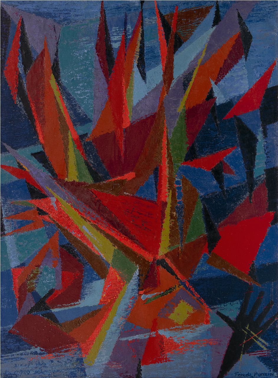 Hunziker F.  | Frieda Hunziker, Composition with ships, oil on canvas 100.2 x 75.7 cm, signed l.r. and on the reverse and dated 8.1.47