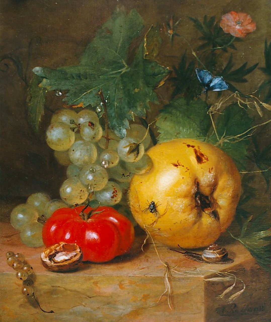 Reekers sr. H.  | Hendrik Reekers sr., A still life with grapes, flowers,a tomato and a snail, oil on panel 25.9 x 21.8 cm, signed l.r. and dated 1833