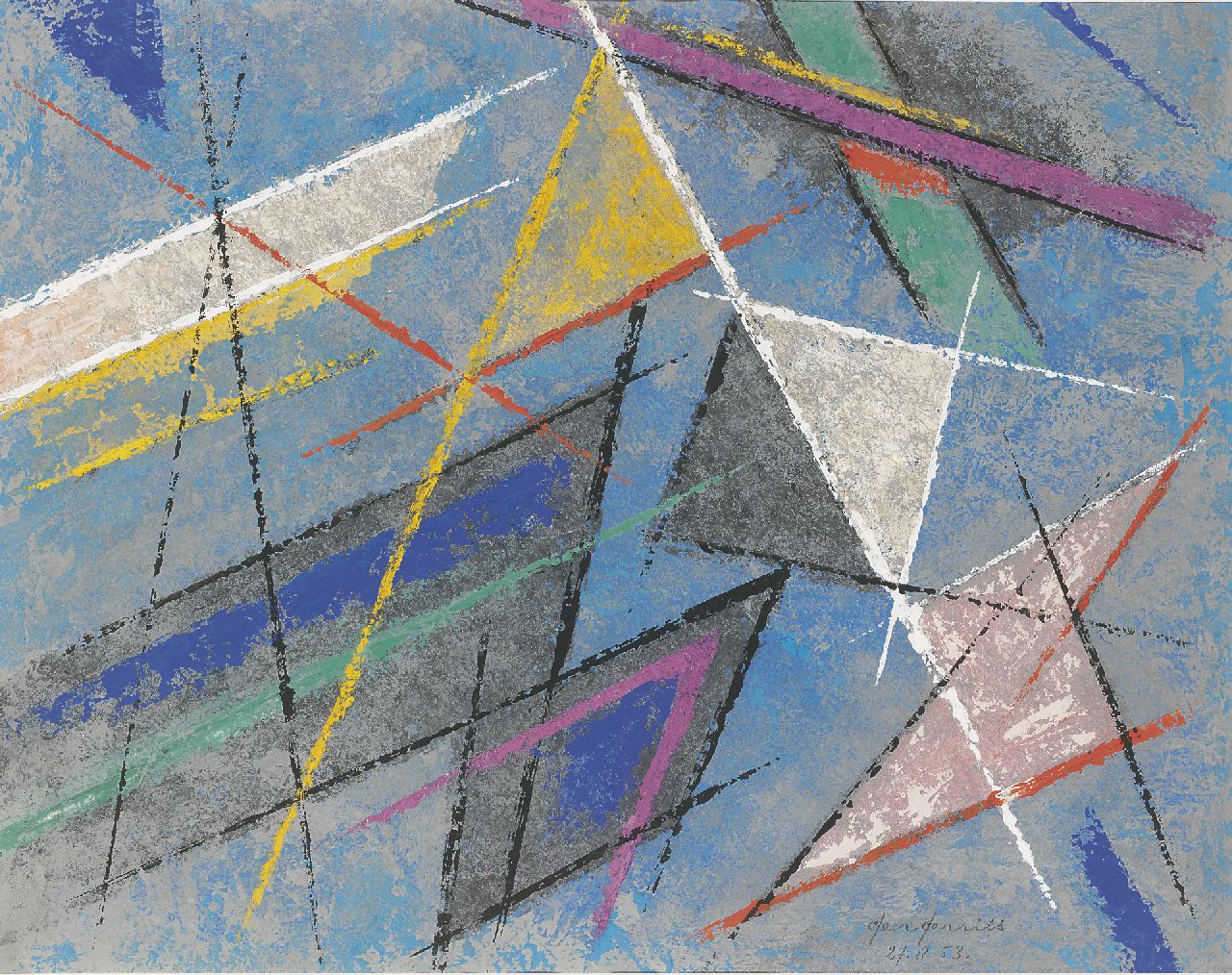Gerrits G.J.  | Gerrit Jacobus 'Ger' Gerrits | Watercolours and drawings offered for sale | Composition with triangles, pastel and gouache on paper 42.0 x 53.0 cm, signed l.r. and dated 27-8-53
