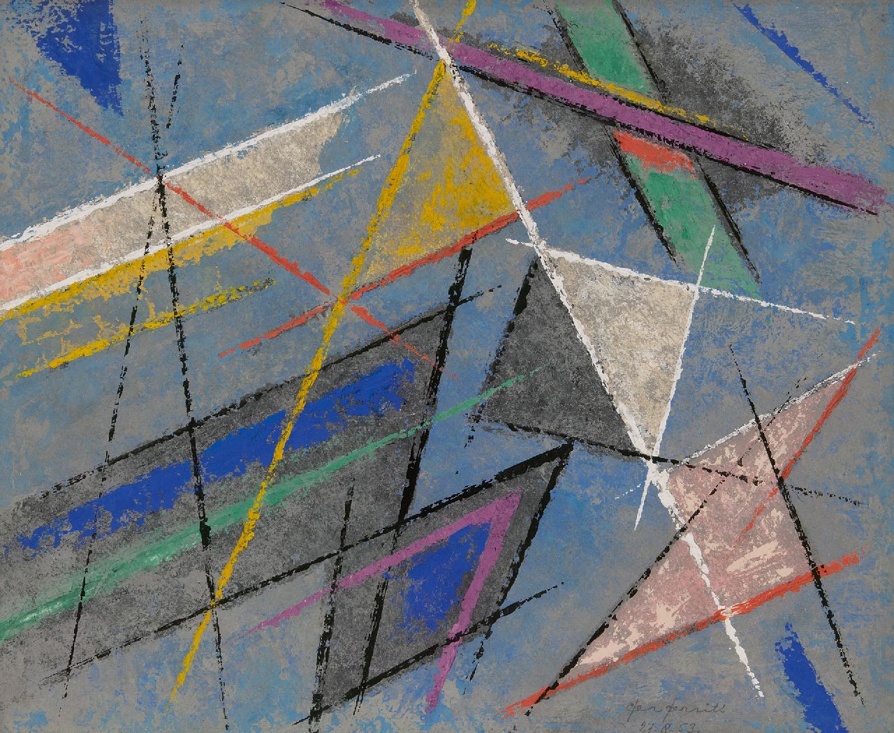 Gerrits G.J.  | Gerrit Jacobus 'Ger' Gerrits | Watercolours and drawings offered for sale | Composition with triangles, pastel and gouache on paper 42.0 x 53.0 cm, signed l.r. and dated 27.8.53.