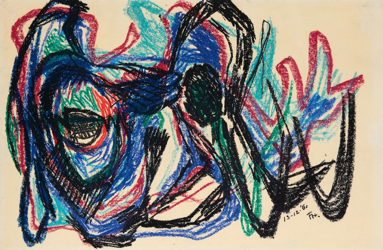 Hunziker F.  | Frieda Hunziker | Watercolours and drawings offered for sale | The monster, wax crayons on paper 50.2 x 73.0 cm, signed l.r. with monogram and dated 13-12-'61, without frame