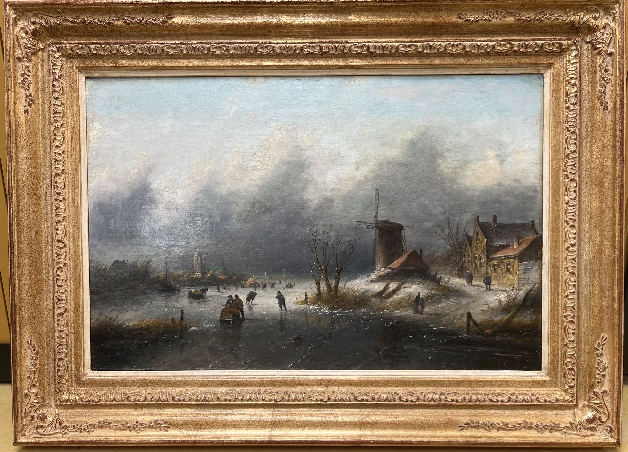 Spohler J.J.C.  | Jacob Jan Coenraad Spohler | Paintings offered for sale | Skaters and sleds on the ice in an upcoming snowstorm, oil on canvas 43.8 x 67.2 cm, signed l.r.