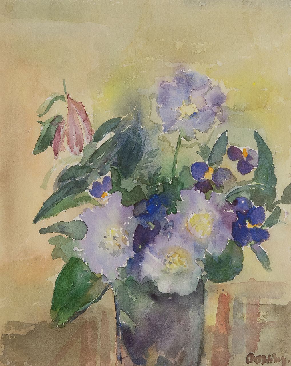 Bieruma Oosting A.J.W.  | Adriana Johanna Wilhelmina 'Jeanne' Bieruma Oosting | Watercolours and drawings offered for sale | Flower still life, watercolour on paper 41.5 x 33.5 cm, signed l.r.
