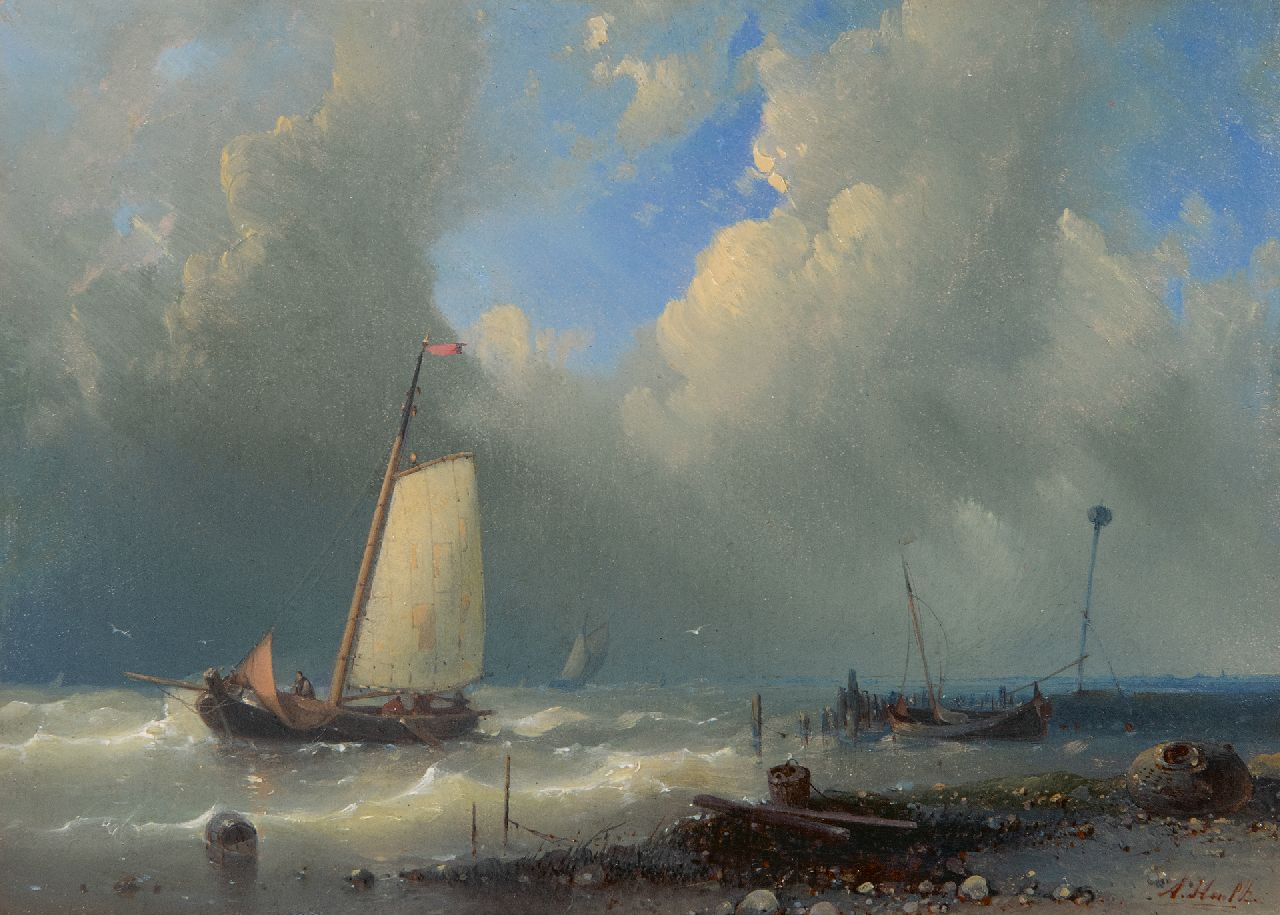 Hulk A.  | Abraham Hulk, Ship near a harbour in heavy weather, oil on panel 14.5 x 20.2 cm, signed l.r.