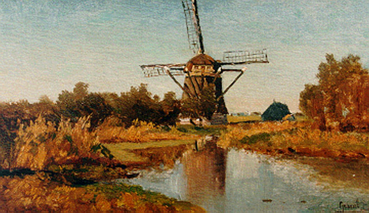 Gabriel P.J.C.  | Paul Joseph Constantin 'Constan(t)' Gabriel, A windmill along a waterway, Abcoude, oil on canvas laid down on panel 21.8 x 34.7 cm, signed l.r.