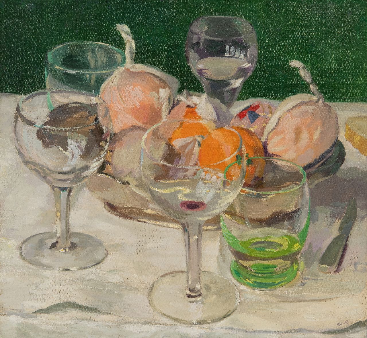 Brender à Brandis G.A.  | 'Geraldo' Abraham Brender à Brandis | Paintings offered for sale | Still life with glasses and fruit, oil on canvas 40.8 x 43.6 cm, signed l.r. with initials
