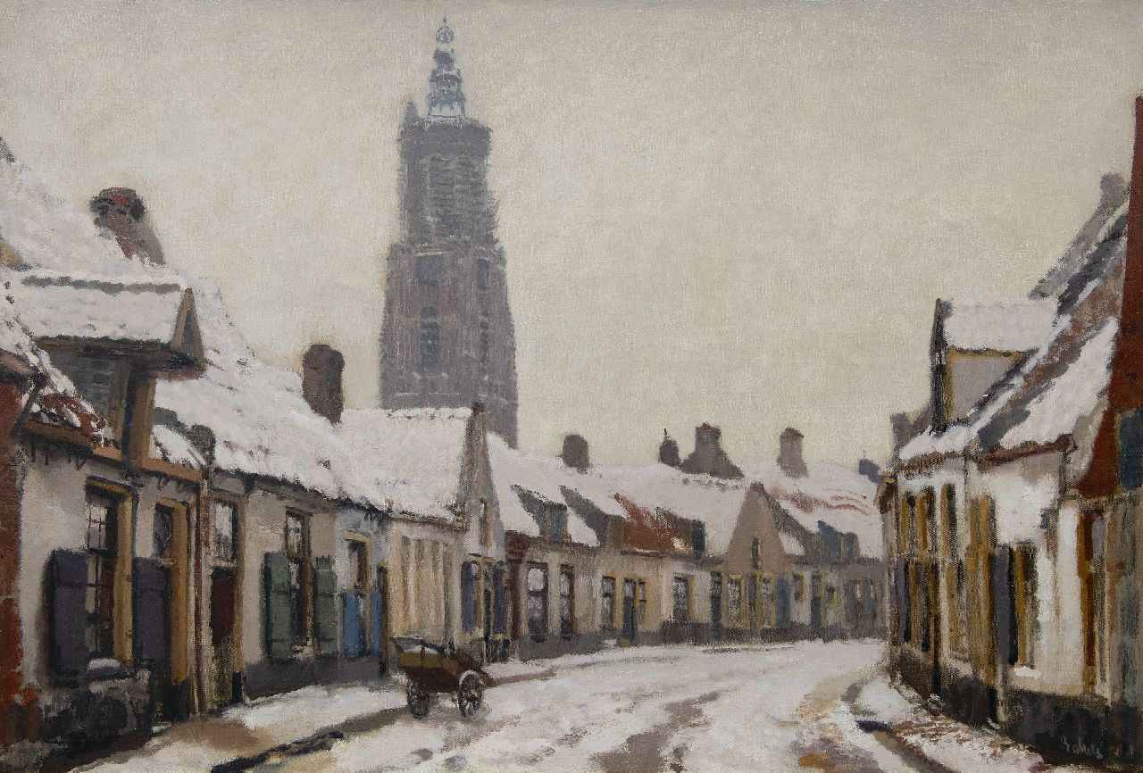 Bakels R.S.  | Reinier Sybrand Bakels | Paintings offered for sale | A winter view in Amersfoort with the Onze Lieve Vrouwetoren, oil on canvas 91.8 x 131.8 cm, signed l.r. and painted ca. 1920