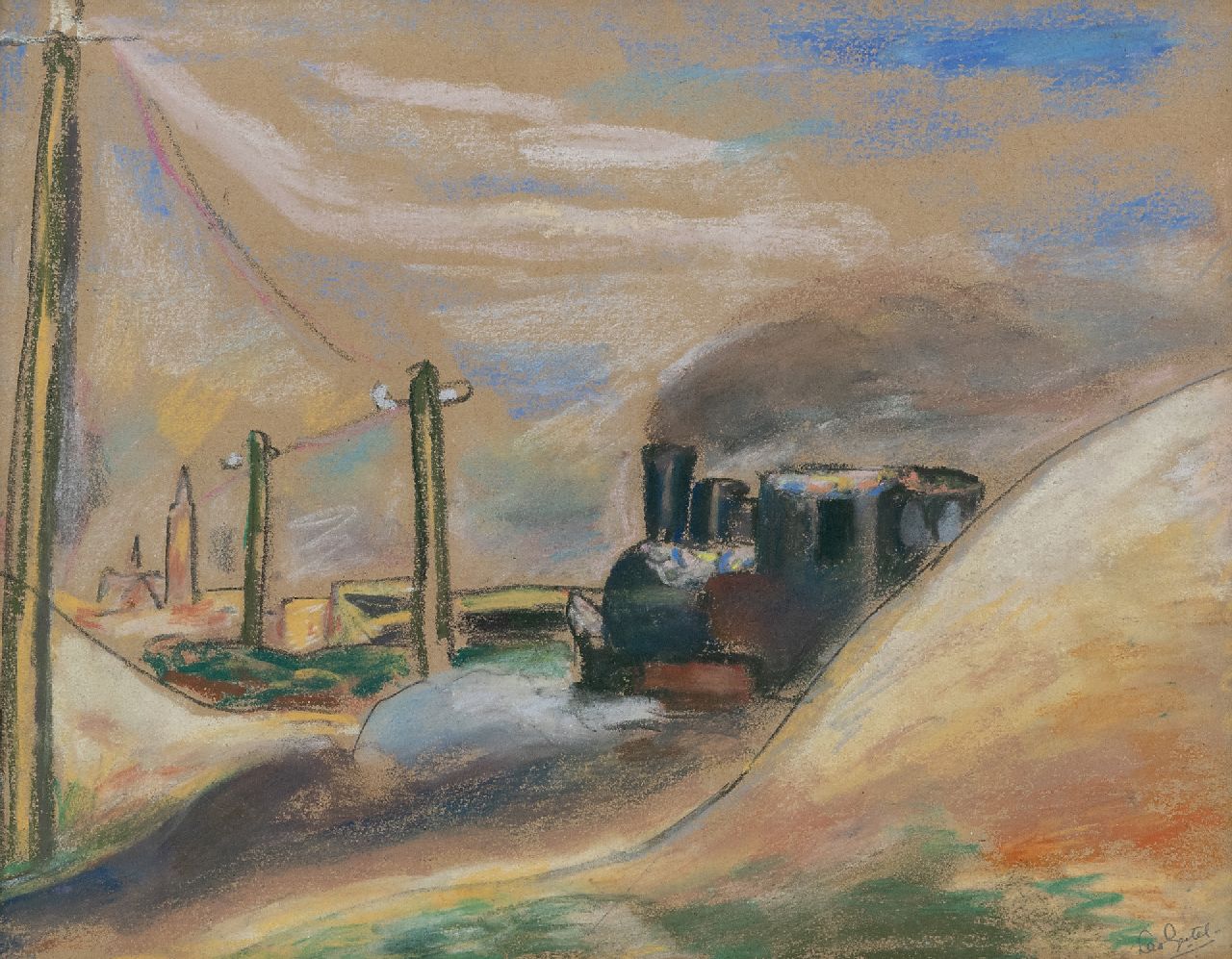 Gestel L.  | Leendert 'Leo' Gestel | Watercolours and drawings offered for sale | Amsterdam West, sand train on the Ringspoor, the driver's birthday, pastel on paper 25.9 x 32.8 cm, signed l.r. and dated 1934