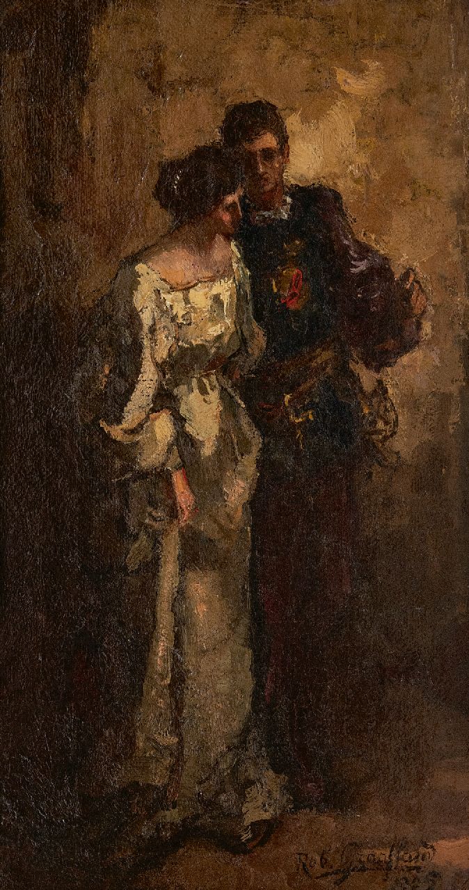 Graafland R.A.A.J.  | Robert Archibald Antonius Joan 'Rob' Graafland | Paintings offered for sale | On the way to the ball, oil on canvas laid down on panel 38.6 x 21.3 cm, signed l.r. and dated 1905