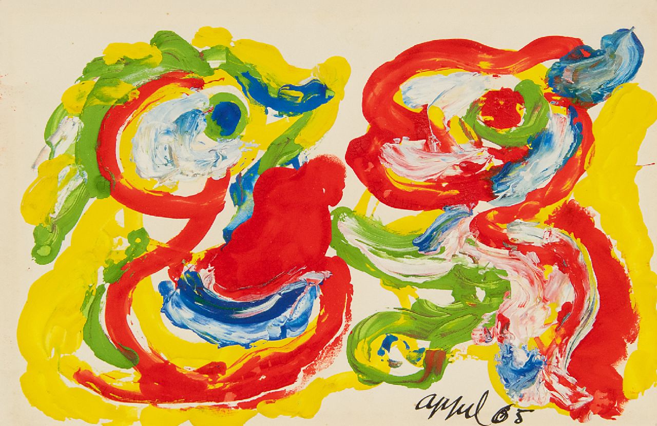 Appel C.K.  | Christiaan 'Karel' Appel | Watercolours and drawings offered for sale | Postcard to Simon Vinkenoog, gouache on paper 10.0 x 16.0 cm, signed l.r. and dated '65