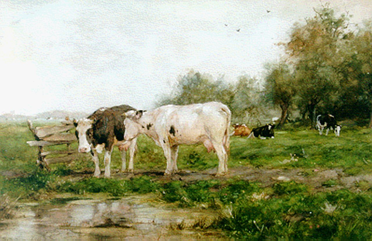 Groenewegen A.J.  | Adrianus Johannes Groenewegen, Cattle in a meadow, watercolour and gouache on paper 34.5 x 52.0 cm, signed l.l.