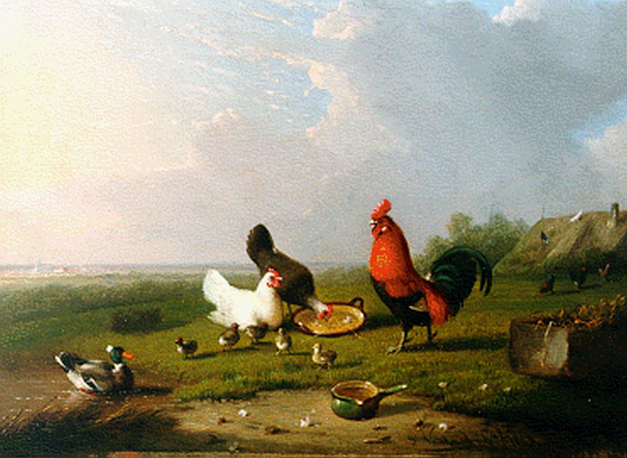 Severdonck F. van | Frans van Severdonck, Poultry in a landscape, oil on panel 18.2 x 23.7 cm, signed l.r. and dated 1863