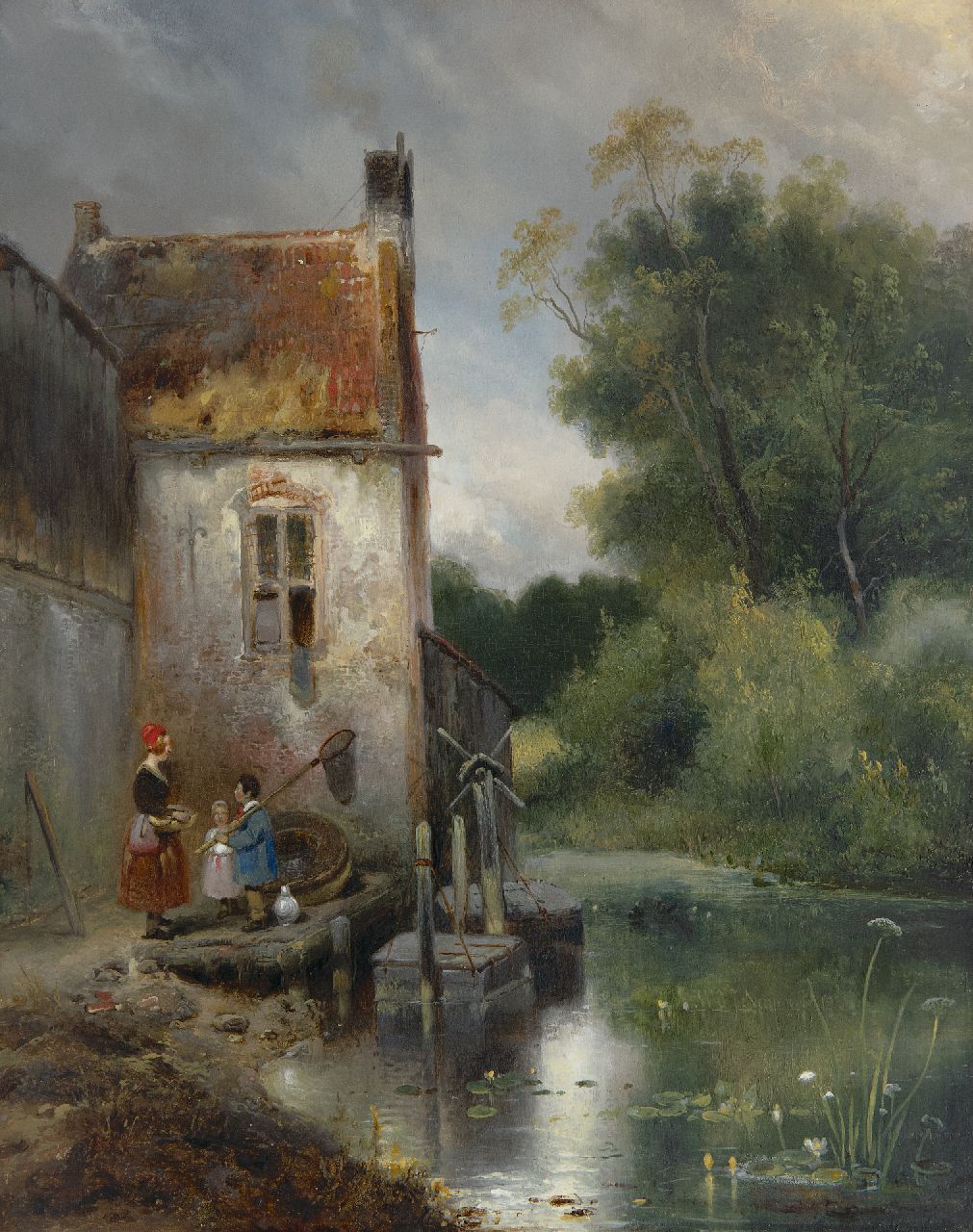 Nuijen W.J.J.  | Wijnandus Johannes Josephus 'Wijnand' Nuijen | Paintings offered for sale | Women and children near a house, oil on panel 41.9 x 33.1 cm, signed l.r. and dated 1834