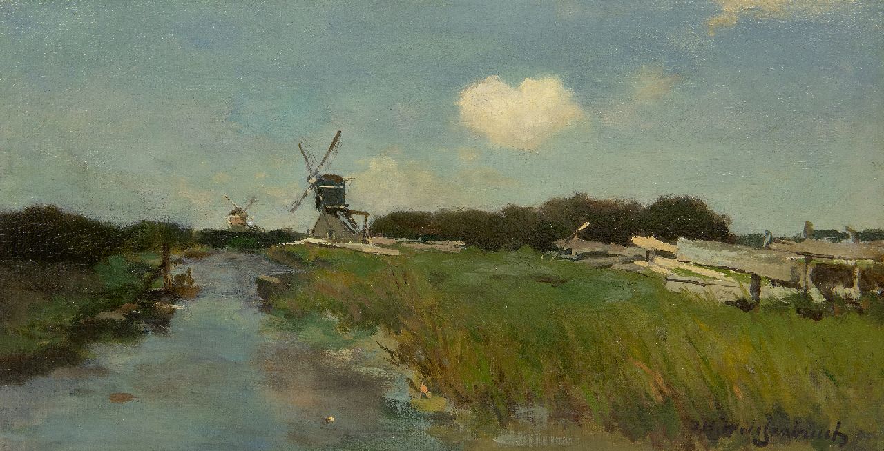 Weissenbruch H.J.  | Hendrik Johannes 'J.H.' Weissenbruch, Windmills along polder canal near Noorden, oil on canvas laid down on panel 23.0 x 43.1 cm, signed l.r.