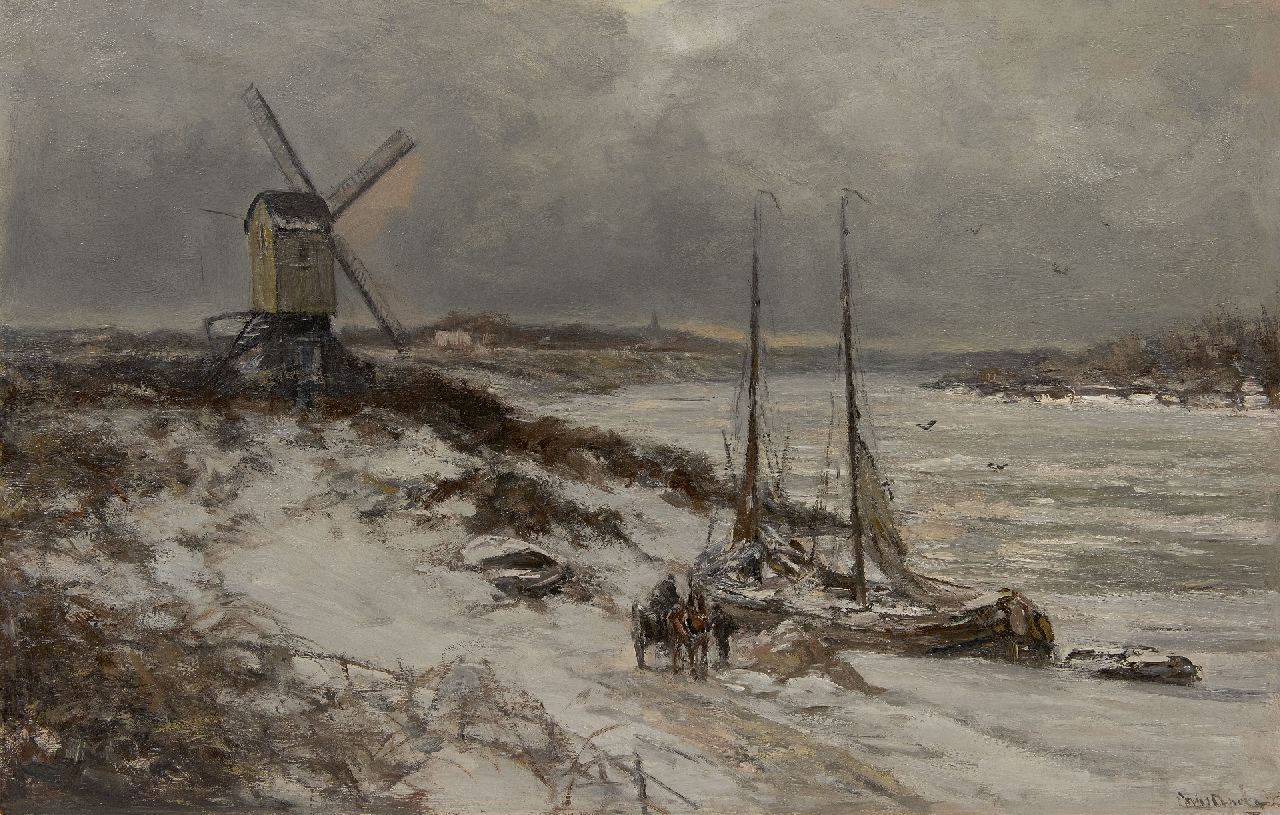 Apol L.F.H.  | Lodewijk Franciscus Hendrik 'Louis' Apol | Paintings offered for sale | A snowy river view with moored sailing barge, oil on canvas 58.6 x 90.3 cm, signed l.r. and dated 1928