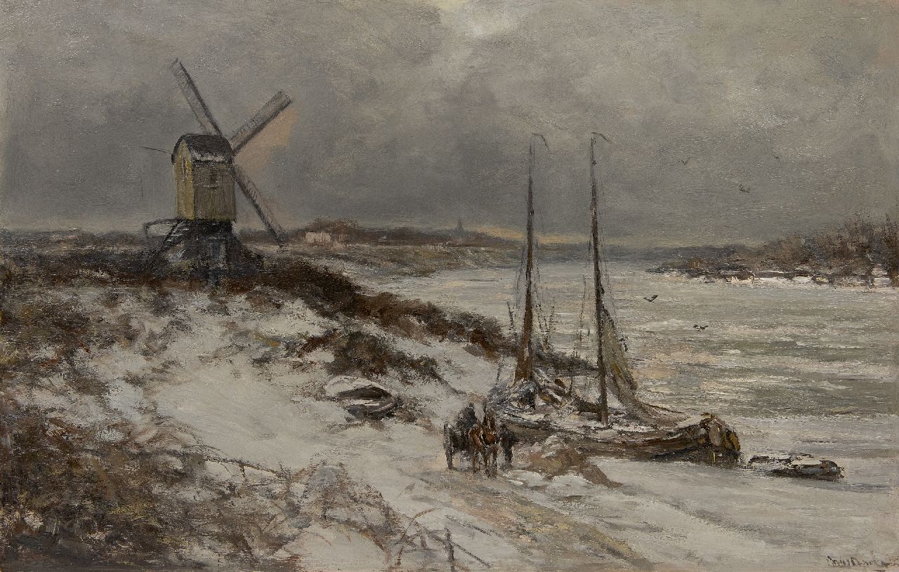 Apol L.F.H.  | Lodewijk Franciscus Hendrik 'Louis' Apol | Paintings offered for sale | A snowy river view with moored sailing barges, oil on canvas 58.6 x 90.3 cm, signed l.r. and dated 1928