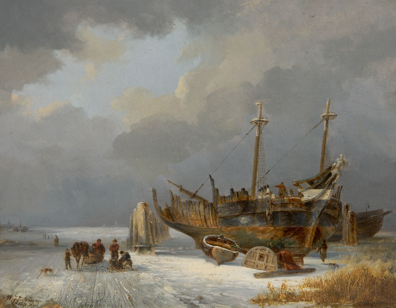 Nuijen W.J.J.  | Wijnandus Johannes Josephus 'Wijnand' Nuijen | Paintings offered for sale | Frozen landscape with figures and a shipyard, oil on panel 23.4 x 29.8 cm, signed l.l. and dated 1830