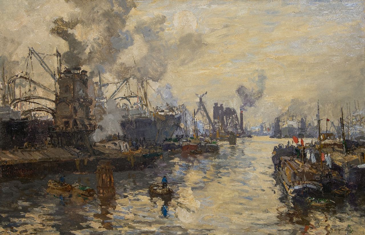 Mastenbroek J.H. van | Johan Hendrik van Mastenbroek | Paintings offered for sale | Grain elevators at work in the harbour, Rotterdam, oil on canvas 84.1 x 130.5 cm, signed l.r. and dated 1913