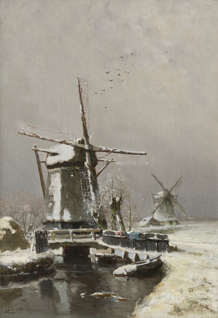 Apol L.F.H.  | Lodewijk Franciscus Hendrik 'Louis' Apol | Paintings offered for sale | Windmills in winter, oil on canvas 50.1 x 34.8 cm, signed l.l.