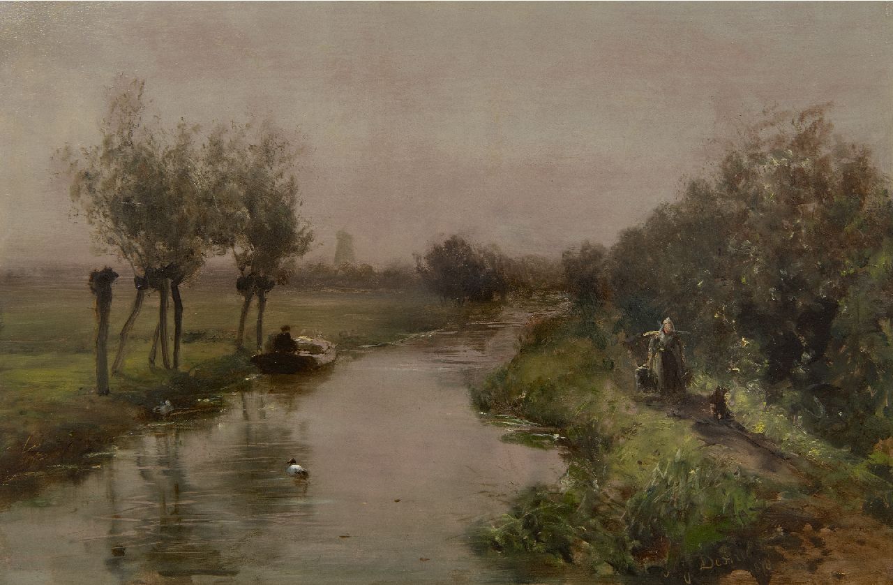 Destrée J.J.  | Johannes Josephus Destrée | Paintings offered for sale | A polder landscape with figures, oil on panel 28.8 x 43.8 cm, signed l.r. and dated 1878