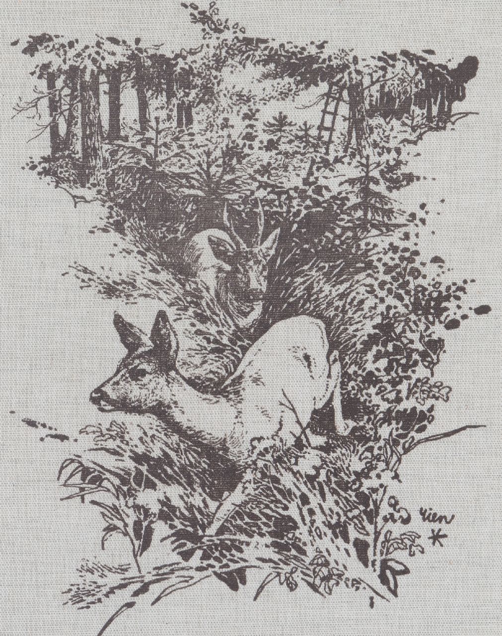 Poortvliet R.  | Rien Poortvliet, Two deers, print on canvas 32.0 x 25.5 cm, signed l.r.