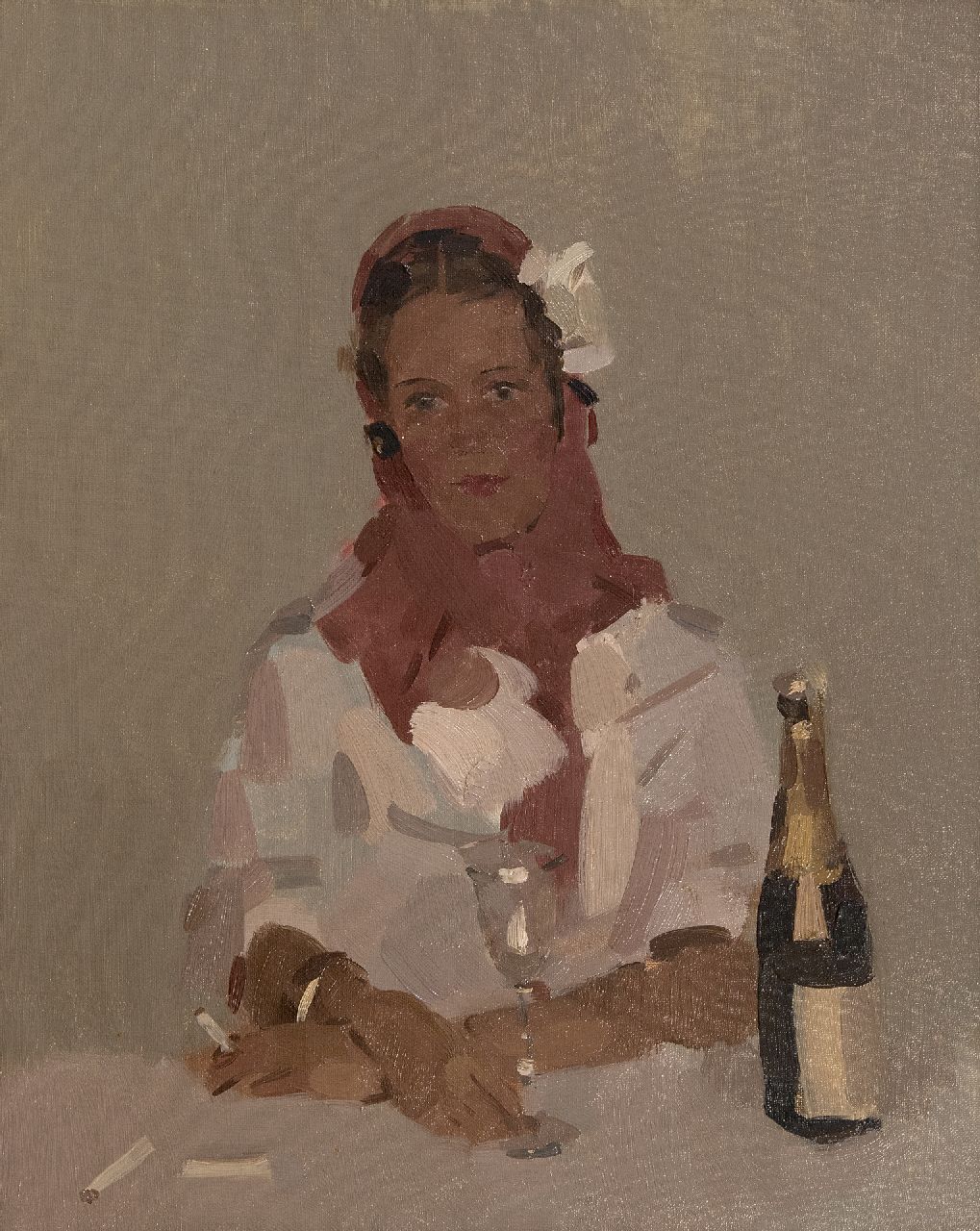 Verdonk F.W.  | Frederik Willem 'Frits' Verdonk | Paintings offered for sale | Woman with cigarette and champagne bottle, oil on canvas 50.2 x 40.1 cm