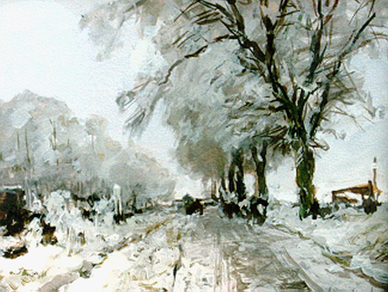 Apol L.F.H.  | Lodewijk Franciscus Hendrik 'Louis' Apol, A winter landscape with figures on a path, gouache on paper 15.5 x 19.5 cm, signed l.r.