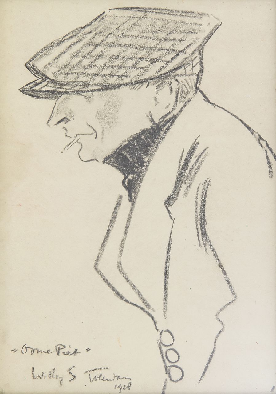 Sluiter J.W.  | Jan Willem 'Willy' Sluiter, 'Oome Piet', Volendam, black chalk on paper 24.2 x 12.7 cm, signed l.l. and dated 1918