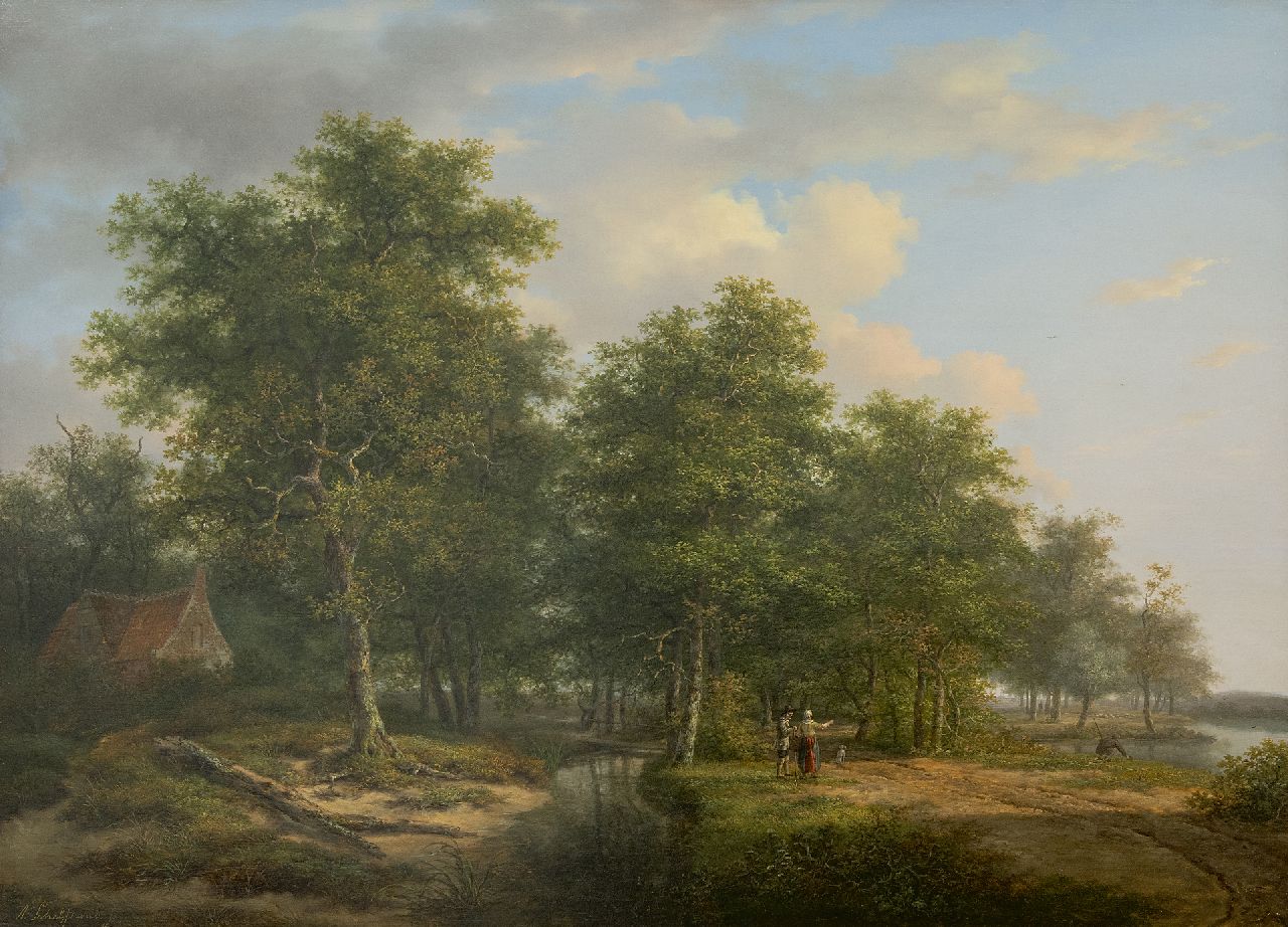 Schelfhout A.  | Andreas Schelfhout | Paintings offered for sale | Forest landscape with figures by a river (pendant of winter landscape), oil on panel 52.8 x 72.5 cm, signed l.l. and painted circa 1815