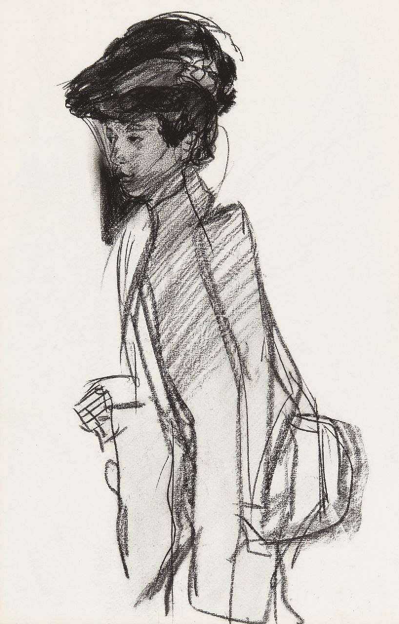 Israels I.L.  | 'Isaac' Lazarus Israels, A lady with a hat, charcoal on paper 42.0 x 27.0 cm