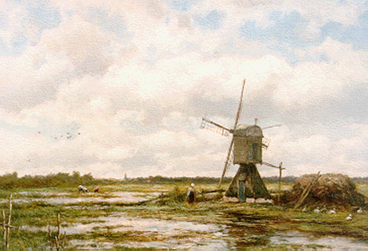 Koekkoek J.H.B.  | Johannes Hermanus Barend 'Jan H.B.' Koekkoek, A windmill in a polder landscape, oil on canvas 51.0 x 72.8 cm, signed l.l.