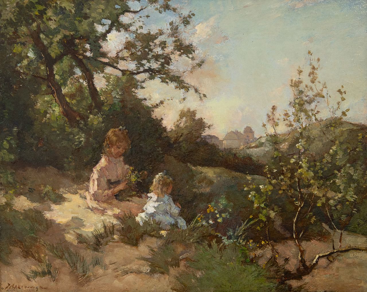 Akkeringa J.E.H.  | 'Johannes Evert' Hendrik Akkeringa | Paintings offered for sale | Children picking flowers in the dunes, oil on panel 31.9 x 39.4 cm, signed l.l.