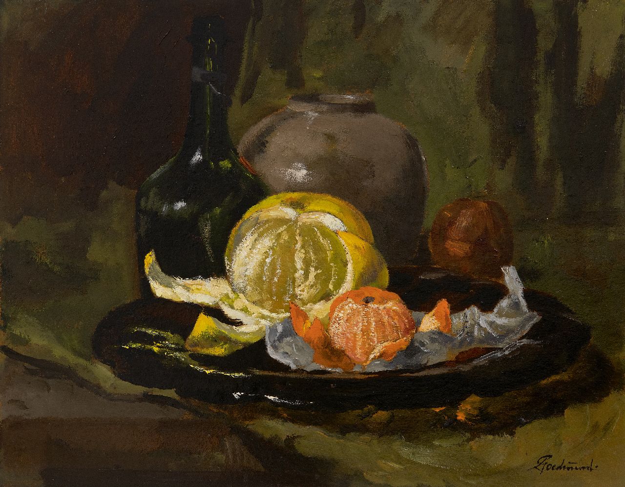 Goedvriend Th.F.  | Theodoor Franciscus 'Theo' Goedvriend | Paintings offered for sale | Still life with a peeled orange and mandarine, oil on painter's board 37.4 x 47.3 cm, signed l.r.