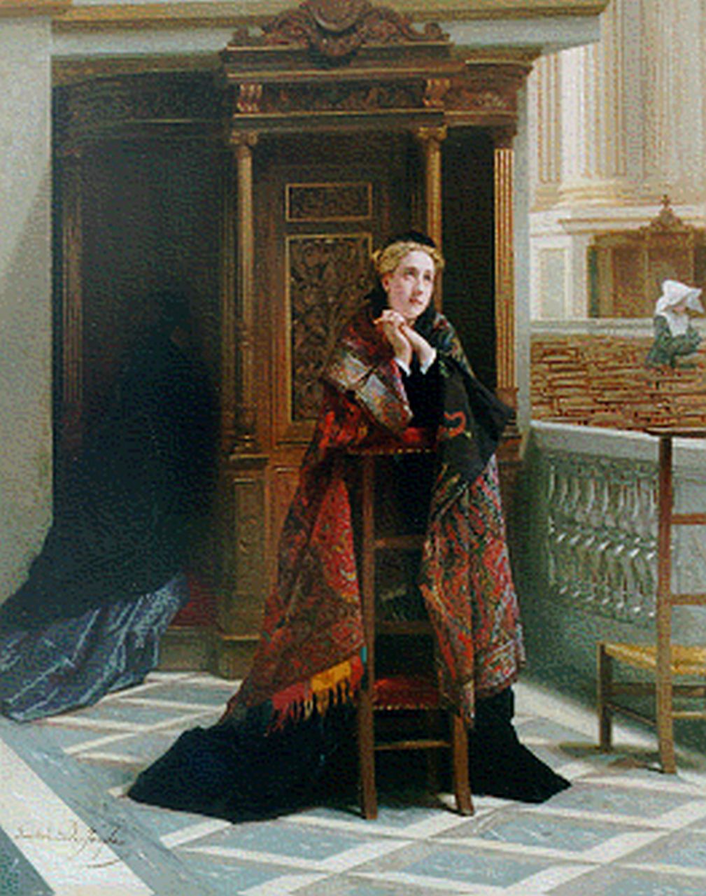 Jonghe G.L. De | 'Gustave' Léonard De Jonghe, The confession, oil on panel 61.0 x 49.0 cm, signed l.l.