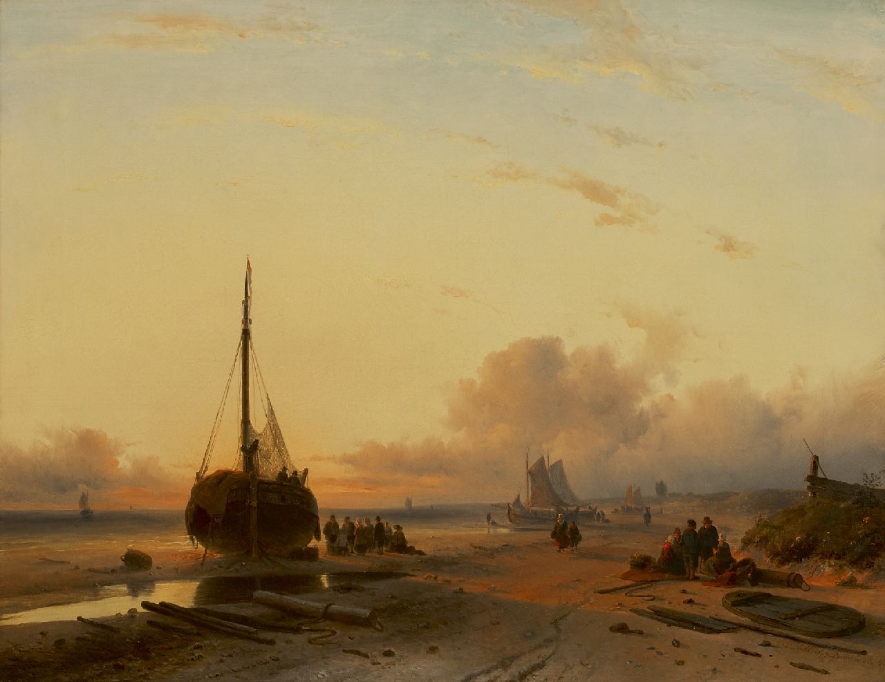 Leickert C.H.J.  | 'Charles' Henri Joseph Leickert | Paintings offered for sale | Fishing vessels on a beach at sunset, oil on canvas 58.0 x 75.0 cm, signed l.r. and dated 'London' 1845