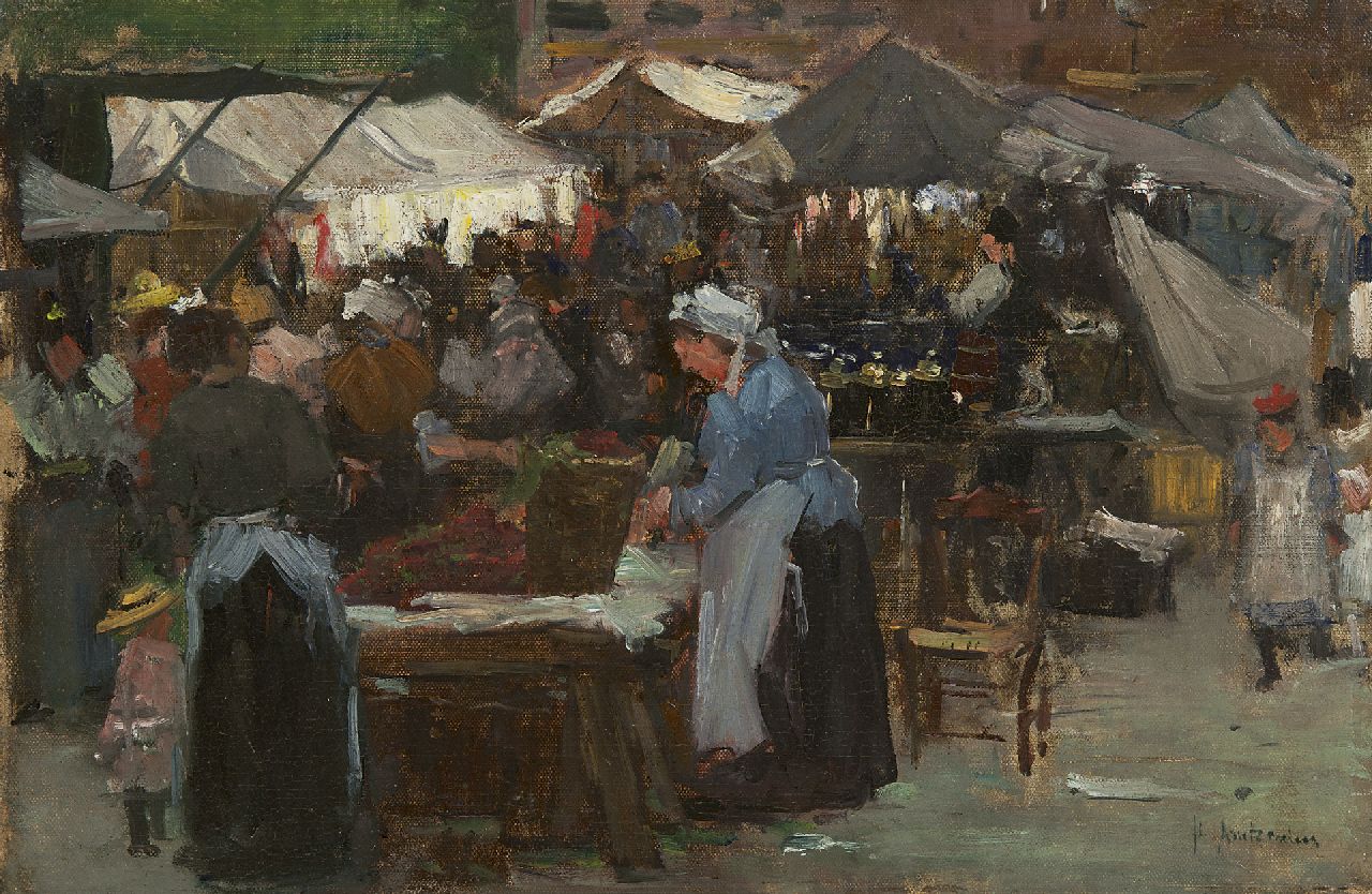 Arntzenius P.F.N.J.  | Pieter Florentius Nicolaas Jacobus 'Floris' Arntzenius | Paintings offered for sale | Market scene, The Hague, oil on canvas laid down on panel 31.3 x 47.2 cm, signed l.r.