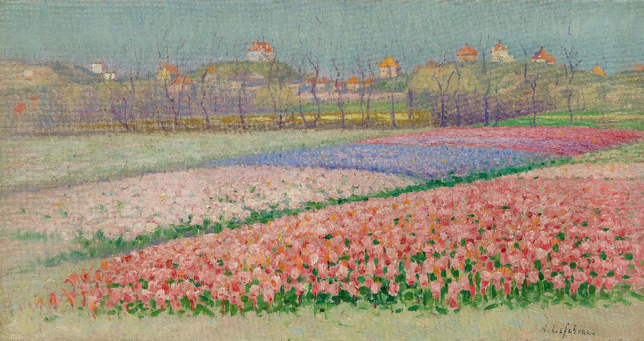Lefebvre A.  | Albrecht 'Albert' Lefebvre | Paintings offered for sale | Hyacinth fields behind the dunes near Noordwijk, oil on canvas 32.4 x 60.0 cm, signed l.r.