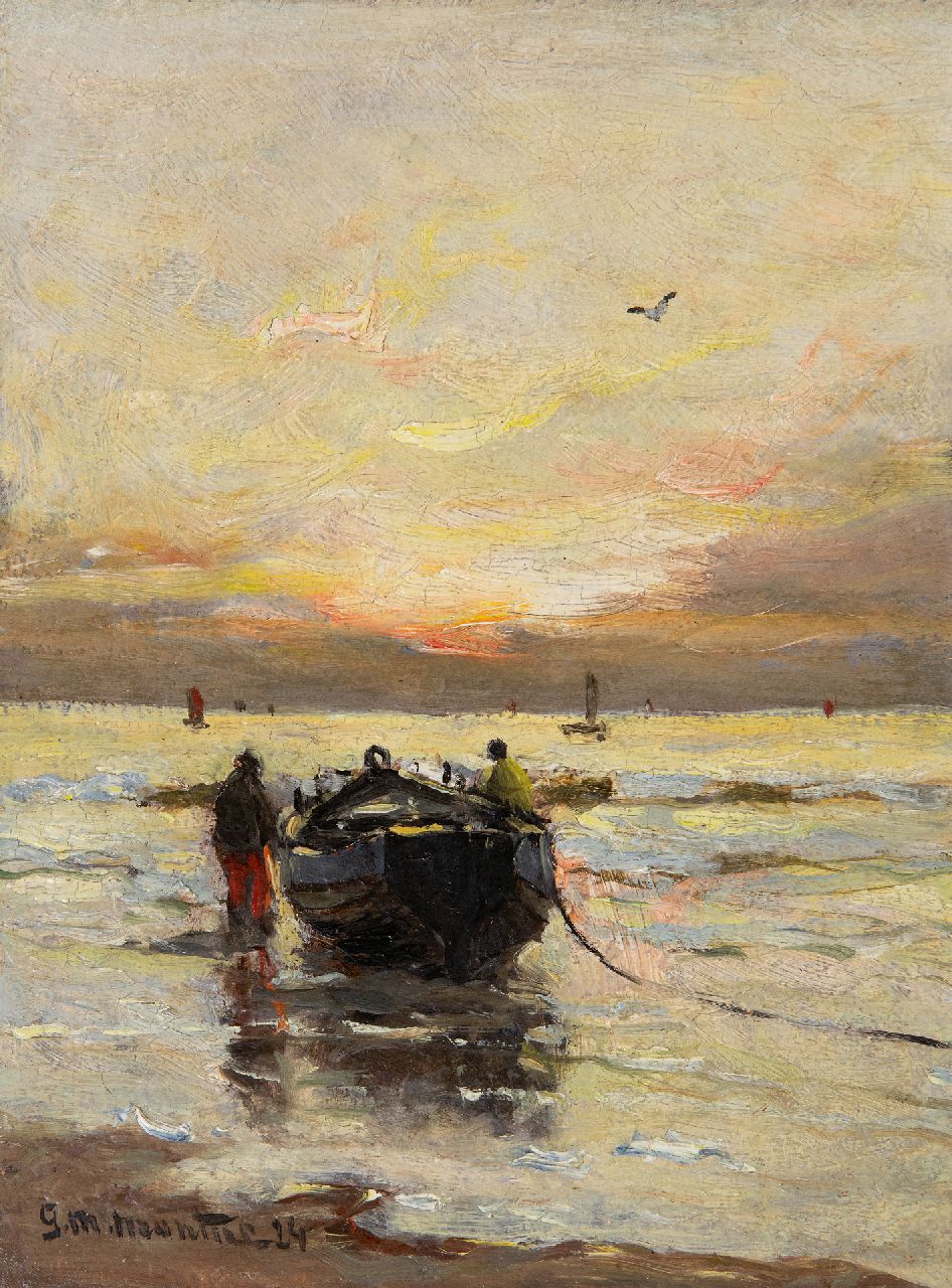 Munthe G.A.L.  | Gerhard Arij Ludwig 'Morgenstjerne' Munthe | Paintings offered for sale | Evening mood at the beach, oil on painter's board 20.0 x 14.9 cm, signed l.l. and dated '24