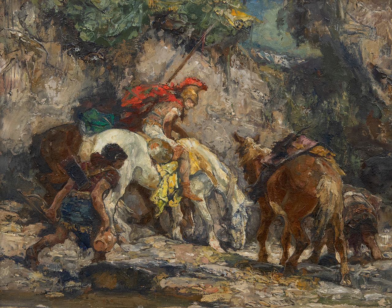 Jurres J.H.  | Johannes Hendricus Jurres, Warriors with drinking horses, oil on canvas 22.5 x 27.6 cm, signed l.r.