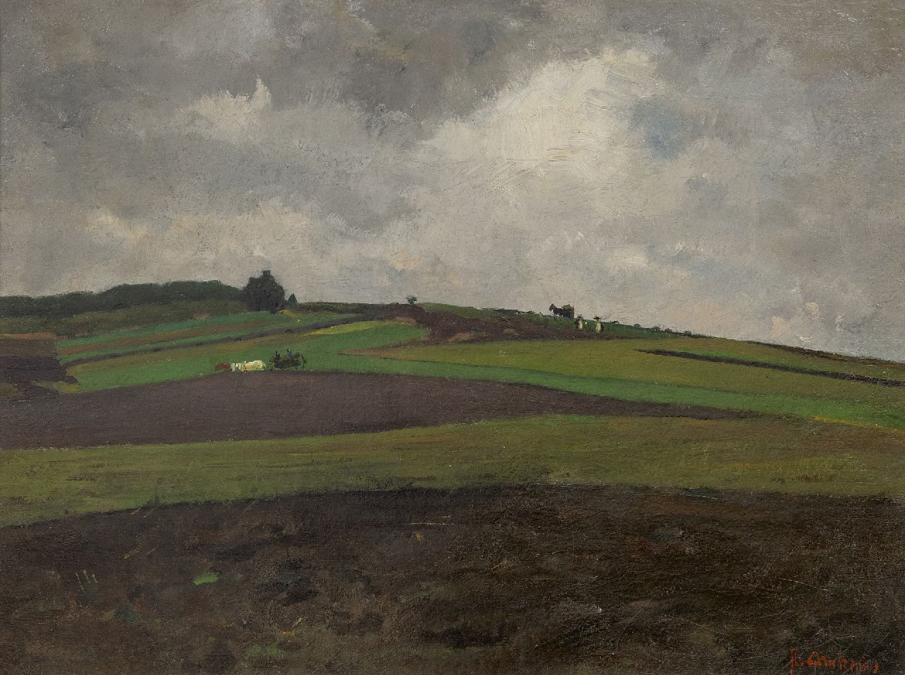 Arntzenius P.F.N.J.  | Pieter Florentius Nicolaas Jacobus 'Floris' Arntzenius | Paintings offered for sale | Hilly landscape in rainy weather, oil on canvas 45.3 x 60.0 cm, signed l.r.