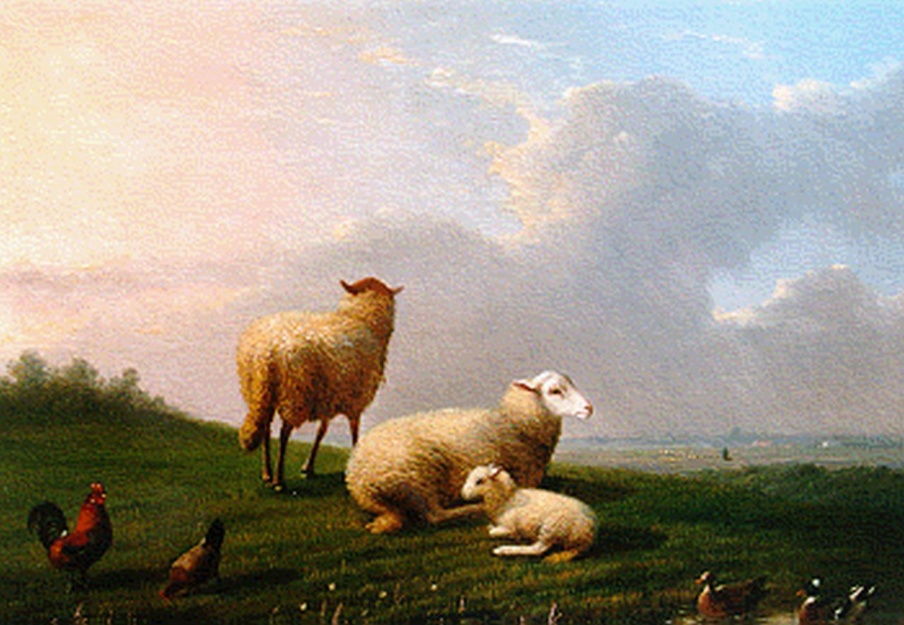 Severdonck F. van | Frans van Severdonck, Sheep, a lamb, chickens and ducks in a landscape, oil on canvas 17.6 x 24.0 cm, signed l.l. and dated 1864